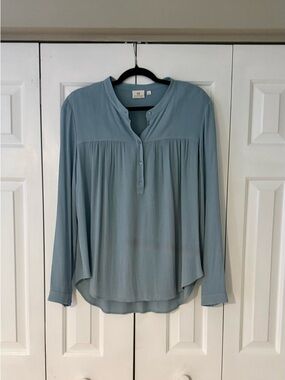 AG Flowy Button Front Blouse Size L Blue Sheer Lightweight Long Sleeve
